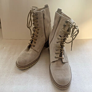 Seychelles Combat Boots Women US 8.5 Tan Suede Leather Upper Lace Up Side Zip